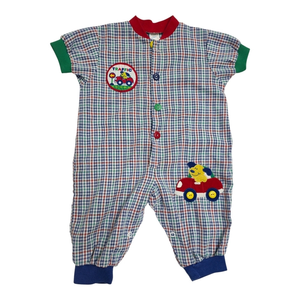 Vintage Baby Boys Plaid Romper Overall Traffic Dog Patch | 3–6 Months